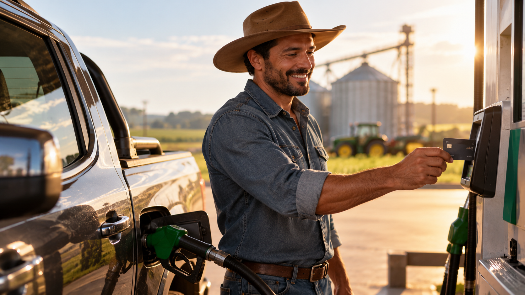 Produtor rural pagando com o cartão NikyFlex em um posto de combustível ao entardecer
