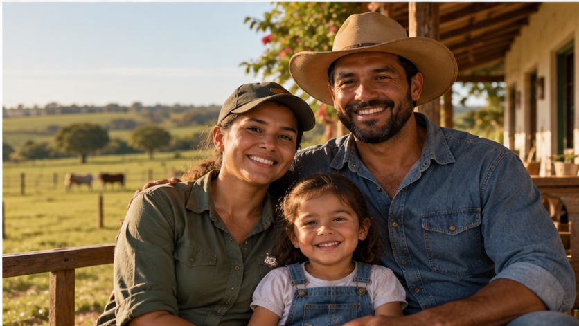 Família de produtores rurais sorrindo na varanda da fazenda