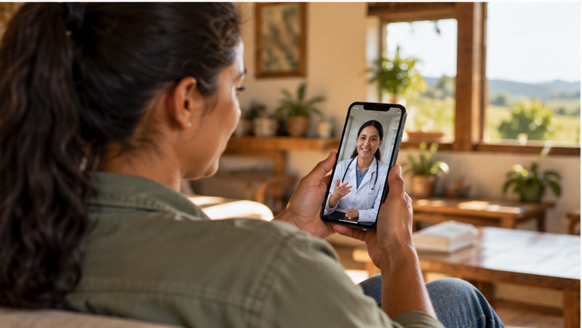 Colaboradora realizando uma consulta médica online pelo celular