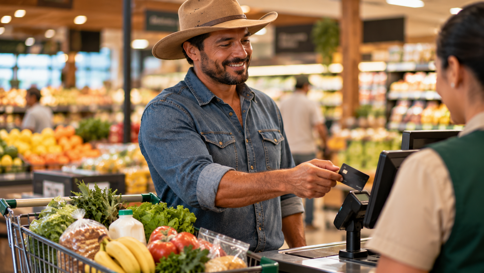 Produtor rural pagando as compras do mercado com o cartão NikyFlex